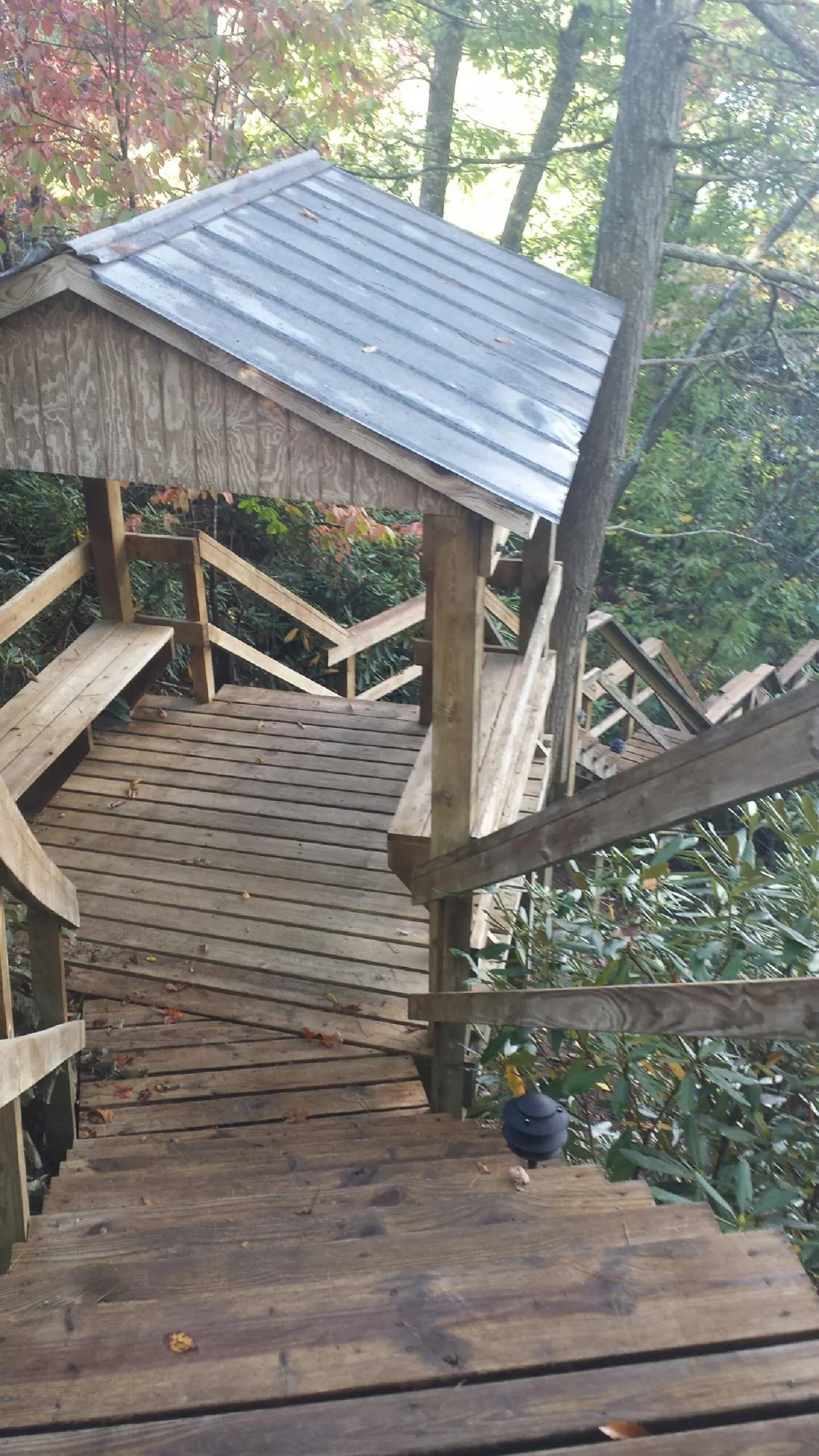 Metal roofed shelter over wooden steps on a wooded walkway — Skylight Repair & Installation work by our crew in Parrott